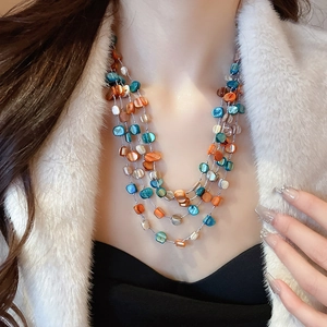 Detail of layered geometric beaded necklace with colorful shell slices on a model