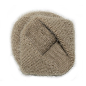 Macro detail of camel warm knit neck warmer showing plush faux mink fur texture