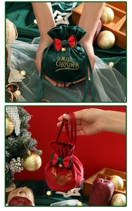 Detail of red and green velvet Christmas drawstring gift bags with bows and gold bells