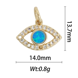 Detail view of eye-shaped pearl pendant with blue opal and measurements 13.7mm by 14mm