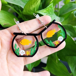 Acrylic goldfish bowl earrings with colorful fish and aquatic plants decor