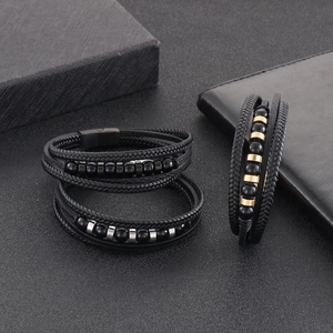 Men's multilayer braided leather bracelet with stainless steel beads and magnetic clasp