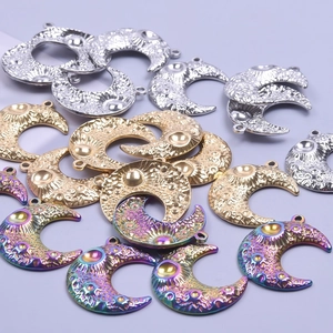 Rainbow stainless steel crescent moon pendant necklace with cratered lunar surface texture