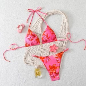 Pink floral halter bikini set with orange lily print and golden metal buckle decoration