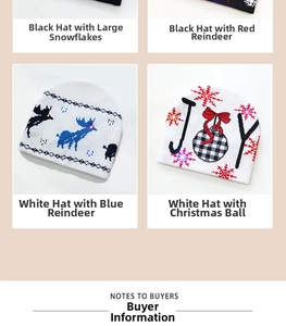 Detail grid showing Christmas LED knit beanies with snowflake and reindeer patterns