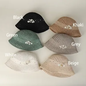 Elegant women's crochet sun hats in six colors with pearl and floral ornaments