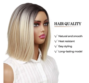 Detail showing natural heat resistant ombré blonde straight bob wig features and quality