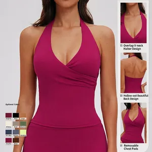 Women's V-neck halter yoga top in rose red with backless design and removable pads