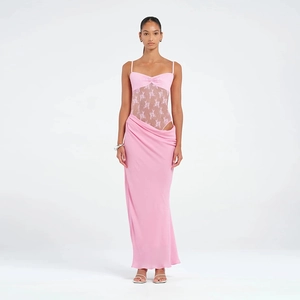 Close-up of pink lace stitching and waist cutout details on this sexy high-waist dress