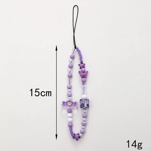 Purple beaded phone strap with candy and butterfly charms, 15cm length and 14g weight