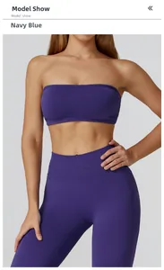 Detail of navy blue seamless sports bra and high-waisted leggings for yoga fitness
