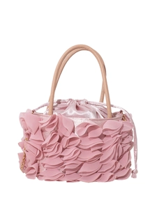 Elegant pink floral petal handbag with leather handles and satin drawstring closure