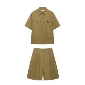 Women Utility Style Khaki Short Sleeve Shirt And Wide Leg Shorts Multiple Pockets Solid Color Polyester Streetwear