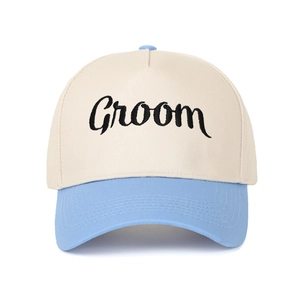 Zweifarbige Groom Bestickung Trucker Cap in Beige und Hellblau im Vintage Hip-Hop Stil