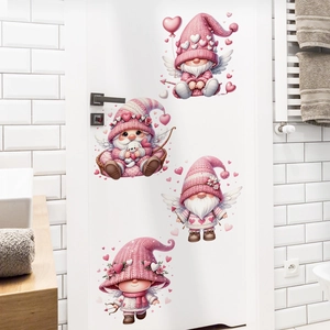 Pink Valentine Gnomes window stickers with hearts and flowers on white door surface