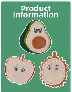 Detail of felt fruit cat toys with embroidery including avocado, apple and durian styles