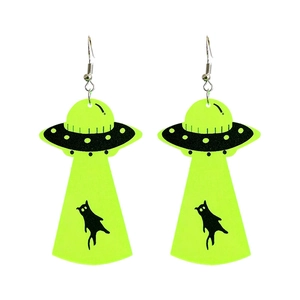 Neon green UFO acrylic earrings with black cat silhouette for Halloween costume
