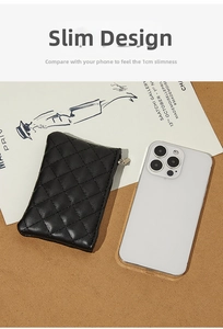 Detailed comparison showing ultra-thin 1cm black quilted PU leather coin purse next to a phone