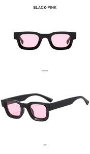 Close-up of retro square sunglasses featuring black frames and pink lenses from two angles