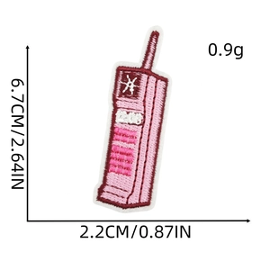 Pink retro mobile phone embroidery patch with size measurements 6.7cm by 2.2cm