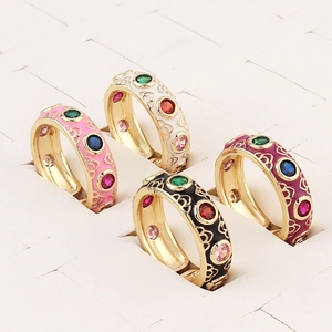 Vintage Bohemian Open Ring Copper With 18K Gold Plated Colorful Enamel And Micro Paved Cubic Zirconia For Women