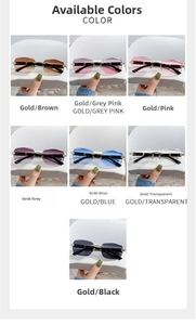 Detailed view of rimless sunglasses with gold metal temples in seven gradient color options