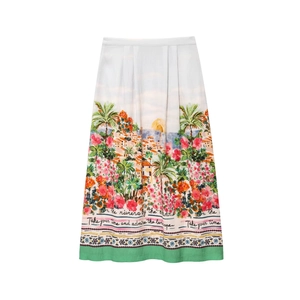 Tropical print high waist maxi skirt with floral landscape and typographic details