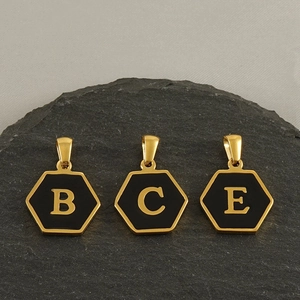 Initial Letter Necklace Hexagon Pendant Stainless Steel 18K Gold Plated Black Enamel Fashion Jewelry For Women
