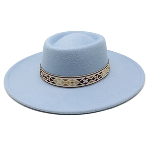 Detailed view of sky blue wool felt hat with ethnic style woven patterned band decoration