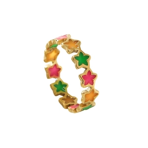 Fashionable titanium steel ring with colorful enamel stars and golden finish band