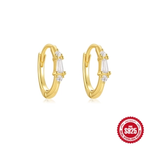 S925 sterling silver gold plated hoop earrings with rectangular cubic zirconia stones