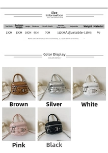 Detailed size chart for children quilted handbag showing dimensions and PU leather material