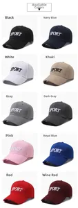 Detailed catalog showing ten colors of sport baseball caps with embossed micro-lettering