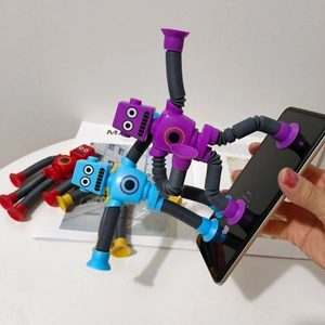 Robot suction cup toy with flexible telescopic tubes for sensory play in purple and blue