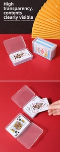 Detailed view of a transparent rectangular storage box with a flip lid for cards
