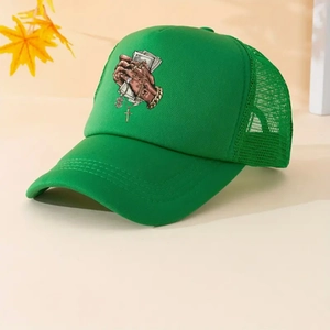 Green mesh trucker hat with street style money graphic print for sun protection