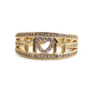 Macro detail of gold plated MOM ring featuring heart shape and micro zircon stones