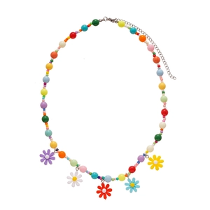 Colorful acrylic flower bead necklace with rainbow small beads for a fresh look