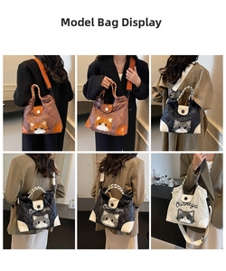 Detailed quilted cat motif tote bag with adjustable straps in multiple color options