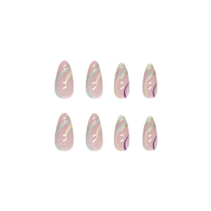 Almond press-on nails with colorful wave patterns and gold glitter accents