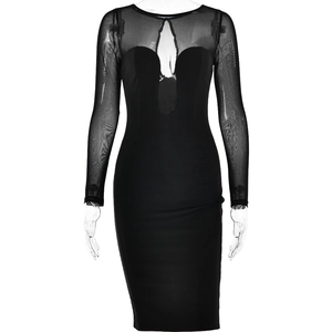 Slim fit black long sleeve midi dress with mesh splicing and deep V-neckline detail