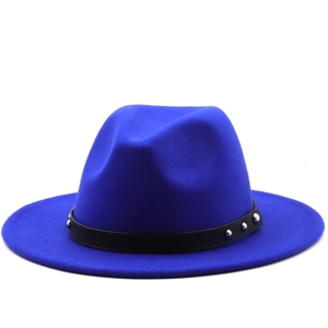 Close-up of royal blue wool fedora featuring a black faux leather band with silver rivets