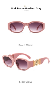 Front and side view of pink irregular sunglasses with golden side medallion and gradient lenses