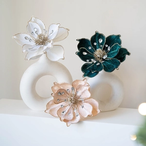 Premium velvet magnolia Christmas ornaments in ceramic vase for festive home decoration
