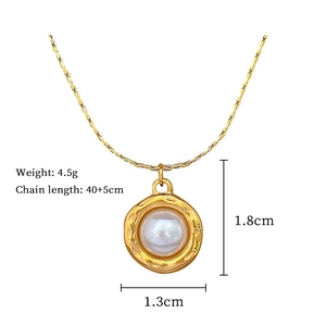 Detail view of gold titanium necklace with pearl pendant and exact size measurements