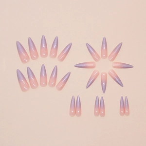 Pink and purple gradient stiletto fake nails with fine glitter finish 24pcs set