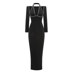 Elegant black halter V-neck dress with sparkling rhinestone trim for party and evening events