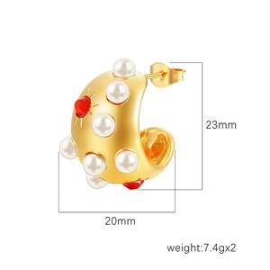 Elegant 18K gold-plated C-shape earrings with inlaid white pearls and red zircons