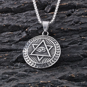Silver punk round pendant necklace featuring Eye of Providence and Guardianship text
