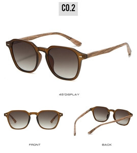Vue en trois angles de lunettes de soleil aspect bois avec charnières à ressort et verres